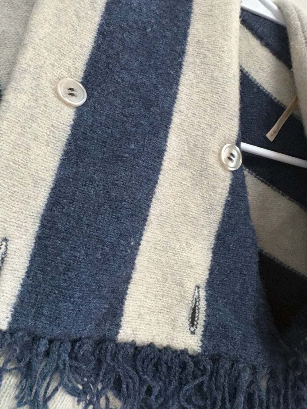 Free People Lambswool Striped Fringe Cardigan Navy Gray Open Front - Picture 4 of 5